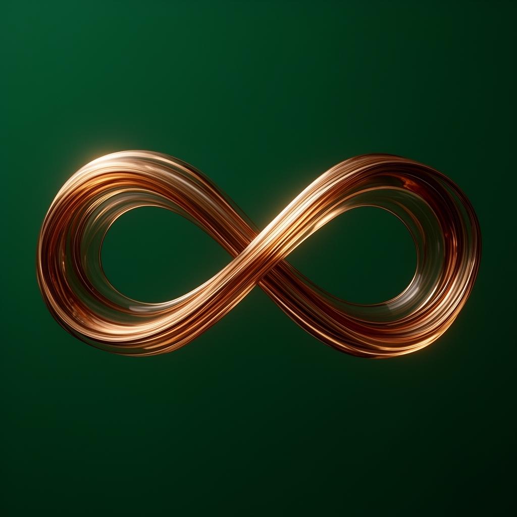 Abstract flowing infinity ribbon in copper and gold on deep forest green